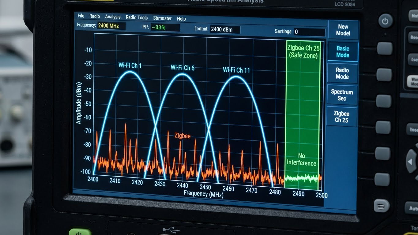 2.4GHz 주파수 대역 내 와이파이 채널과 Zigbee 채널의 간섭 구간 및 회피 가능 대역 스펙트럼 분석도