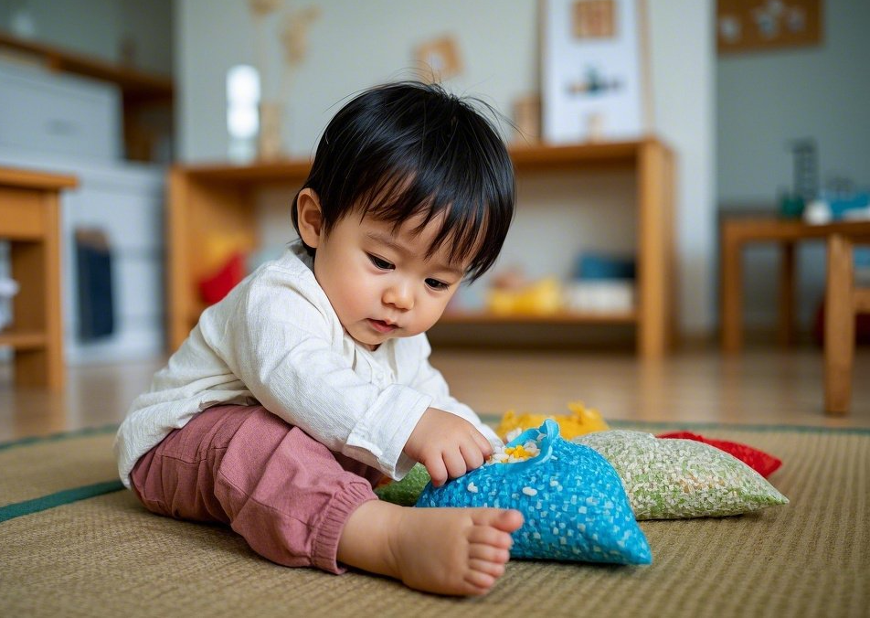 쌀주머니를 던지고 받으며 손끝 감각과 집중력을 키우는 아이의 모습