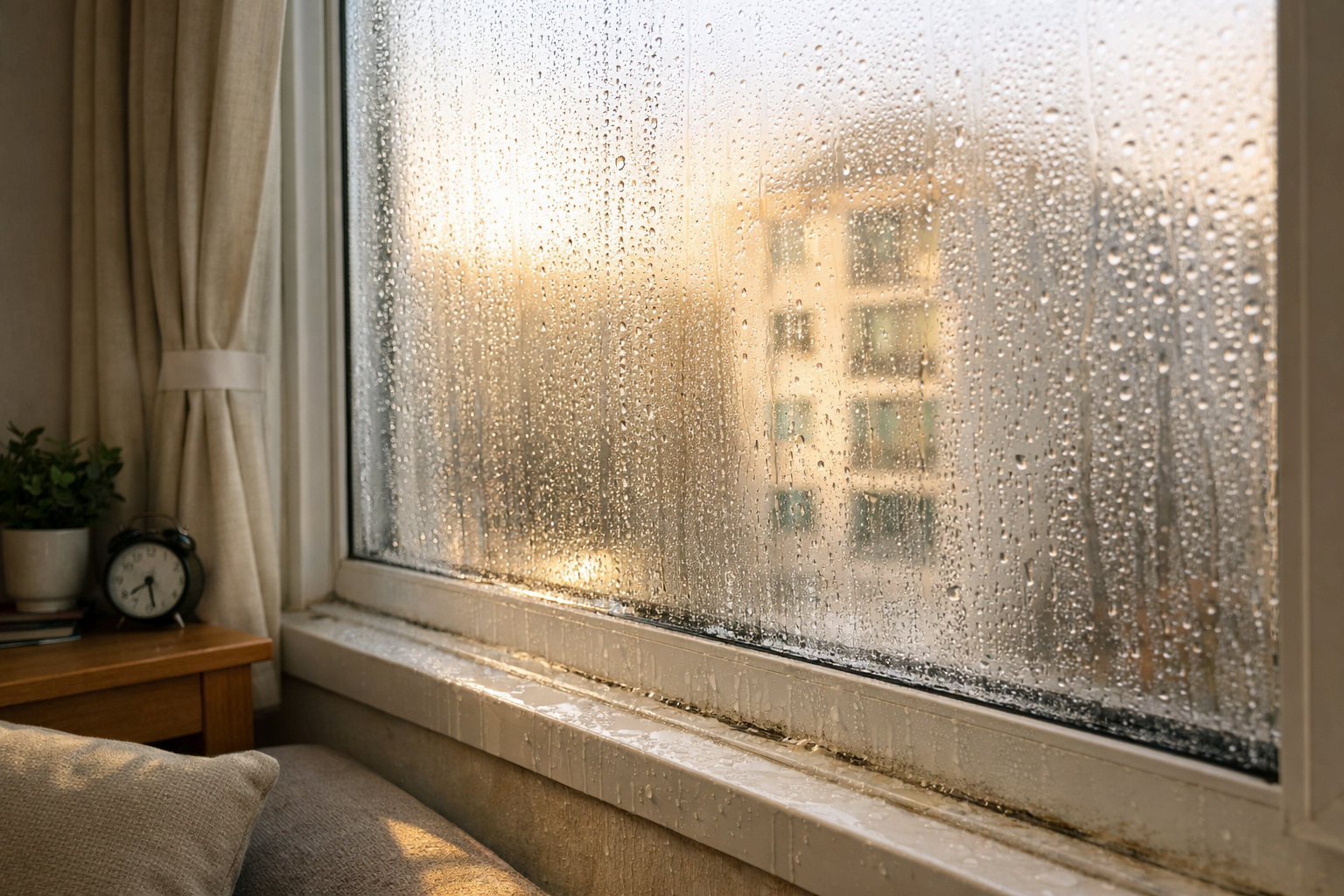 겨울철 결로로 창문 유리에 물방울이 맺힌 모습