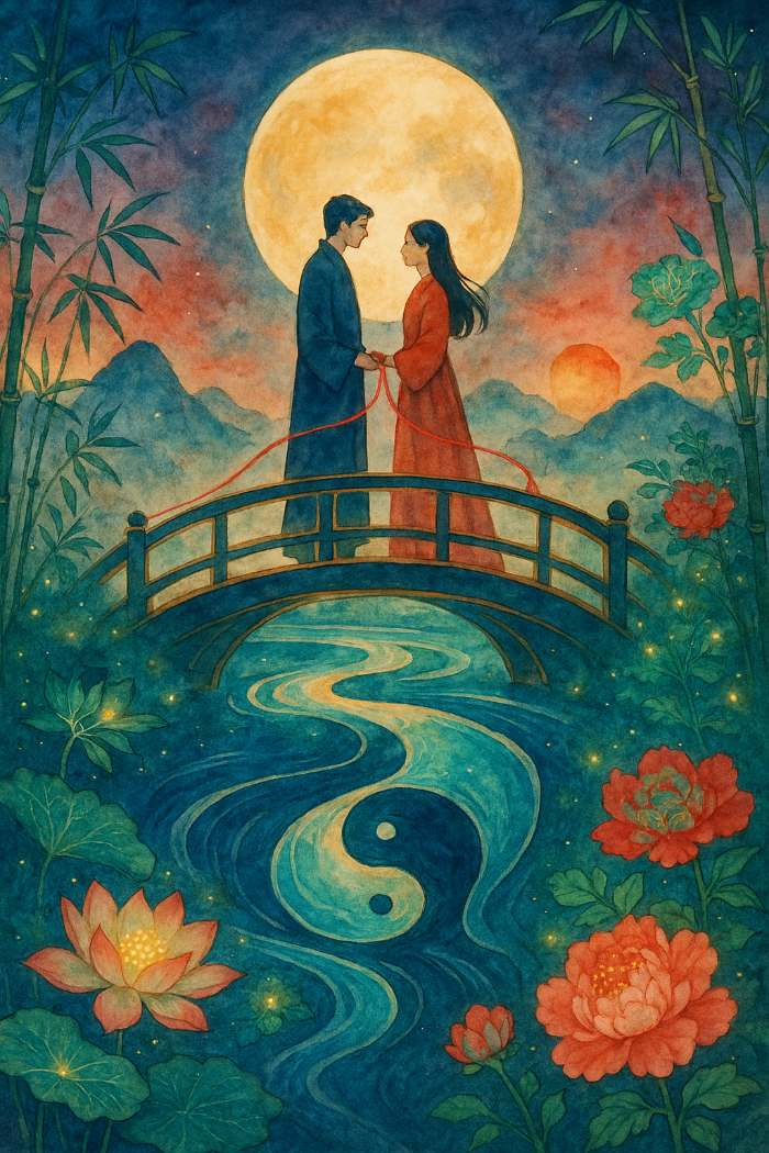 사주 배우자운 감성 수채화, 운명의 붉은 실, 전통 동양적 풍경과 연인, 따뜻하고 컬러풀한 밤하늘