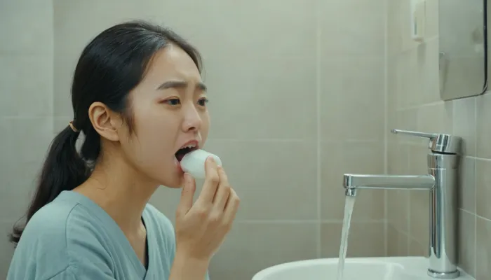 스케일링 후 식사 뒤 미온수로 입을 헹구는 모습