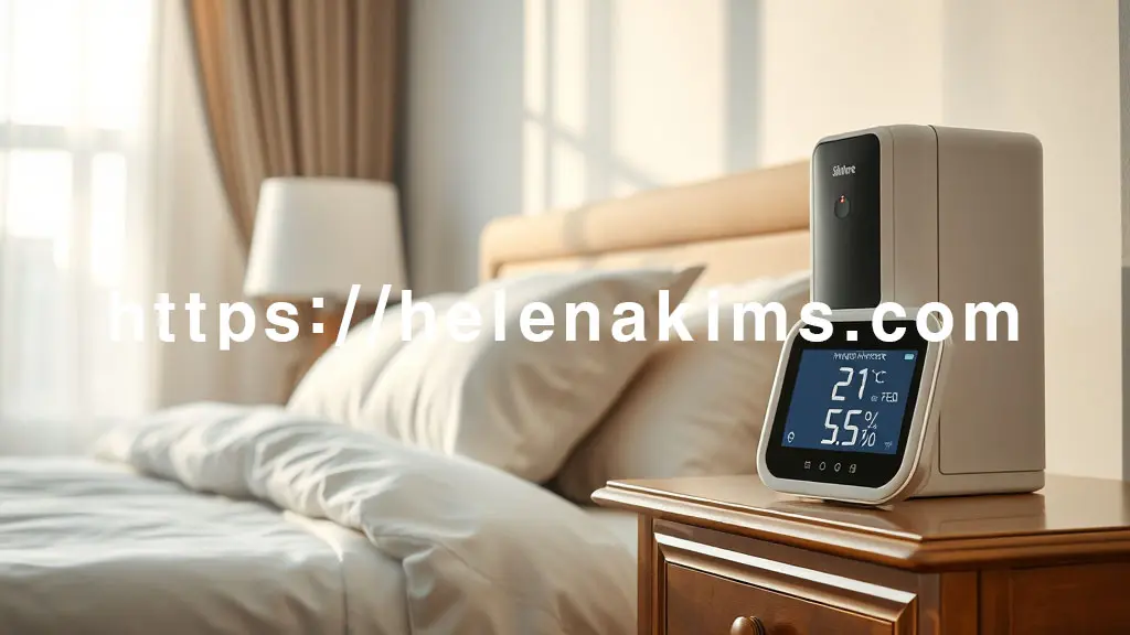 고요하고 깨끗한 침실 내부 전경. 침대 위에는 잘 정돈된 침구가 놓여 있고, 침대 옆 협탁에는 습도계와 온도계가 적정 수치(예: 21&deg;C, 55%)를 가리키는 모습.