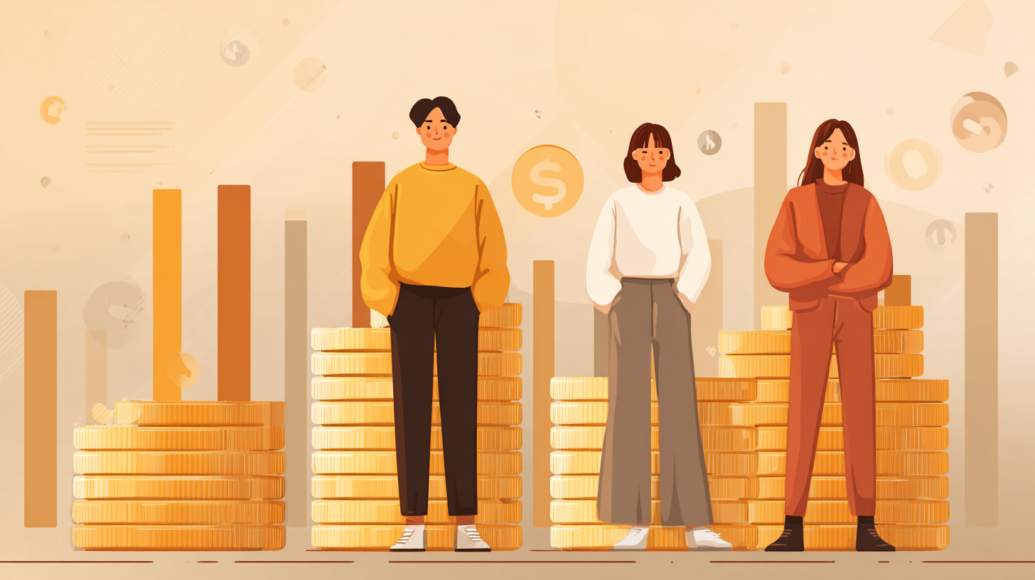 세 가지 계층(일반 국민, 차상위 계층, 고소득자)을 상징하는 한국인이 각각 동전 더미 옆에 서 있는 일러스트