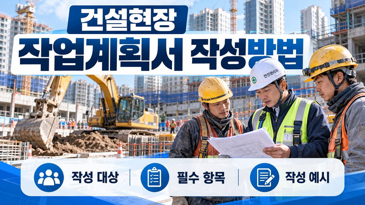 타워크레인 설치와 굴착기 작업 등 건설현장 작업계획서 작성 대상 작업을 보여주는 인포그래픽