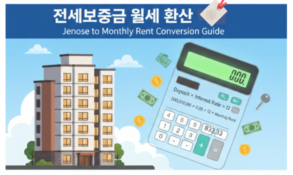 전세보증금의 월세 환산 방법을 시각화한 이미지. 보증금, 월세, 환산율, 계산기 아이콘 등을 사용하여 전월세 전환 과정을 설명.