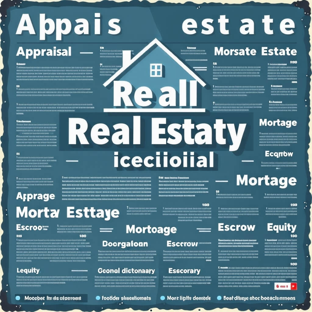 부동산 용어 사전을 형상화한 이미지. 주요 용어와 정의가 포함됨.