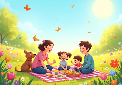 봄-가족-4명-꽃-강아지