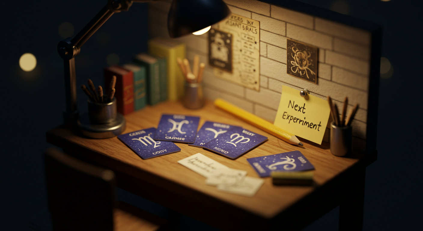 밤의 책상 위에서 미니어처 별자리 카드와 다음날 계획 메모를 고르는 틸트쉬프트 장면