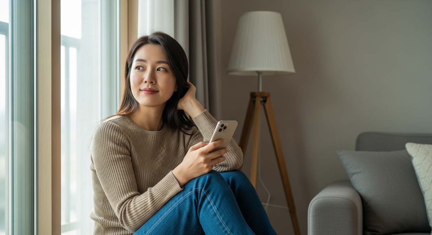현대 한국 아파트 창가에 앉아 스마트폰에서 눈을 떼고 휴식하는 한국 여성. 디지털 디톡스를 실천하며 평온한 모습을 보여줍니다.