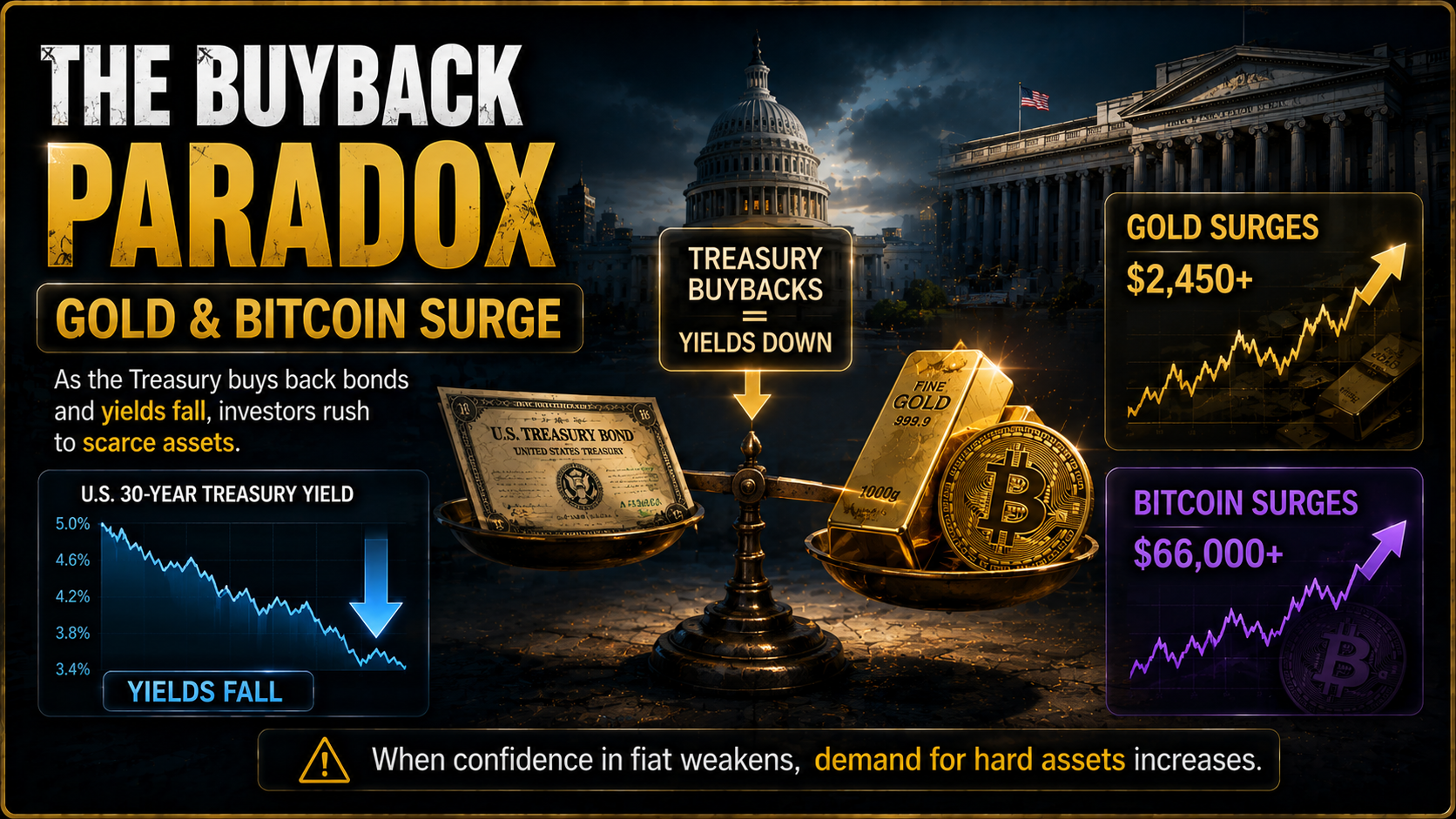 Gold and Bitcoin surge as Treasury buybacks push long-term US bond yields lower