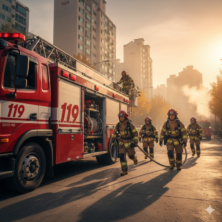 119 로고와 함께 소방관들이 출동하는 모습