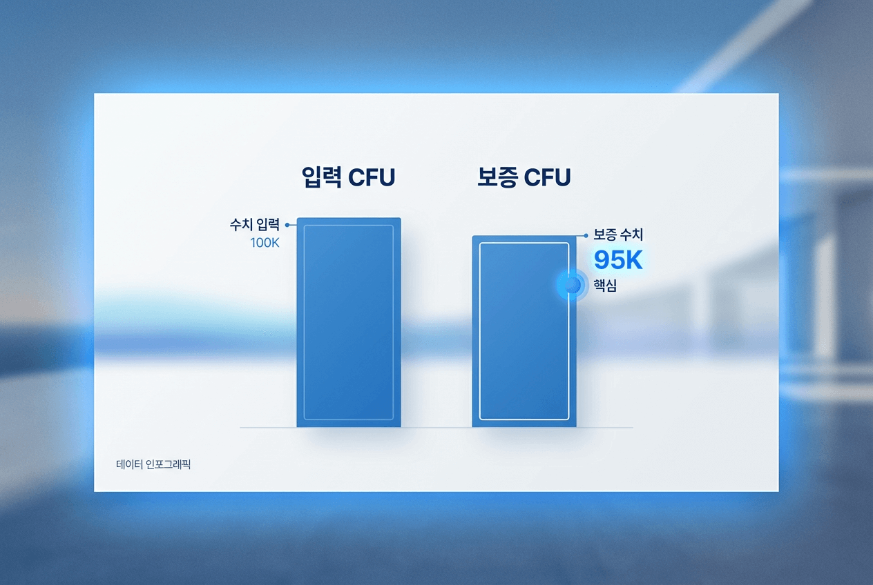 입력 CFU와 보증 CFU를 두 개의 파란 막대그래프로 비교하며, 왼쪽에는 수치 입력 100K, 오른쪽에는 보증 수치 95K를 핵심 수치로 강조해 프로바이오틱스의 투입균수와 보장균수 차이를 시각적으로 보여주는 인포그래픽.
