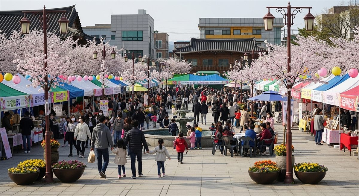 지방 야외 축제 광장에 사람들이 모인 전경 사진