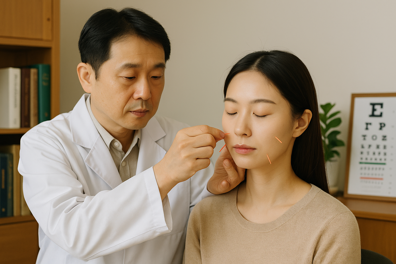 흰 가운을 입은 한의사가 여성 환자의 볼과 코 주변 혈자리에 침을 놓으며 알레르기비염 치료를 진행하는 모습. 환자는 눈을 감고 편안한 표정을 유지하고 있음.