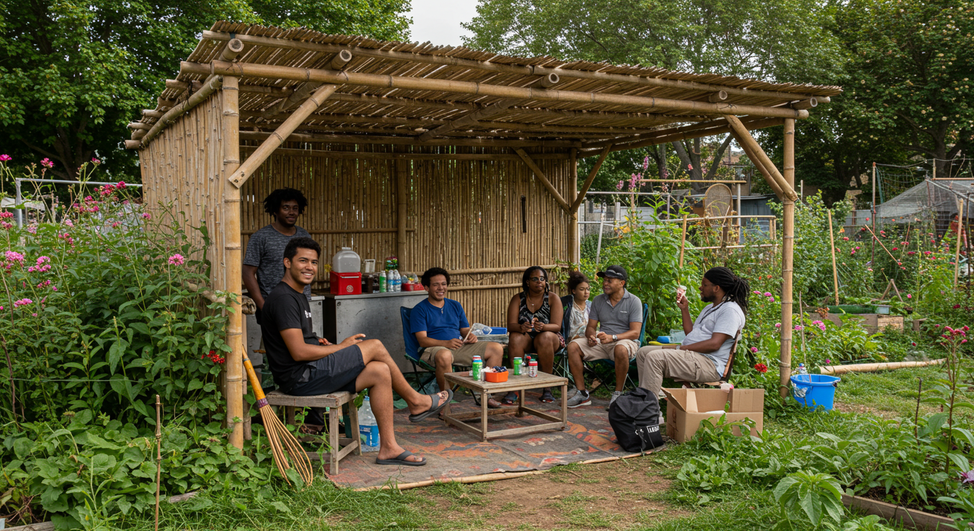 쉼터에서 쉬는 사람들