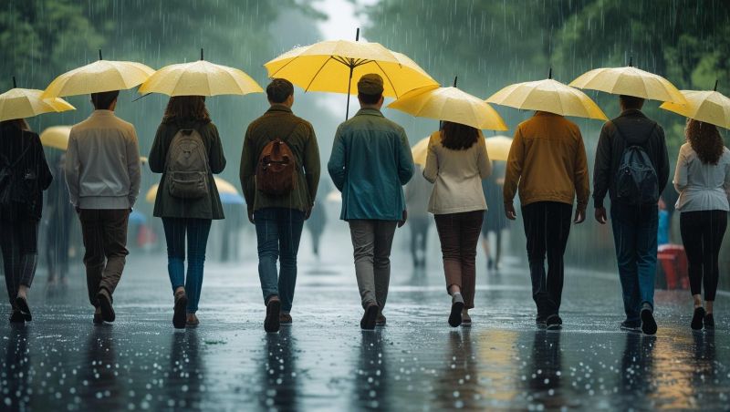 많은 사람들이 노란 우산을 쓰고 비오는 길을 걸어가는 모습