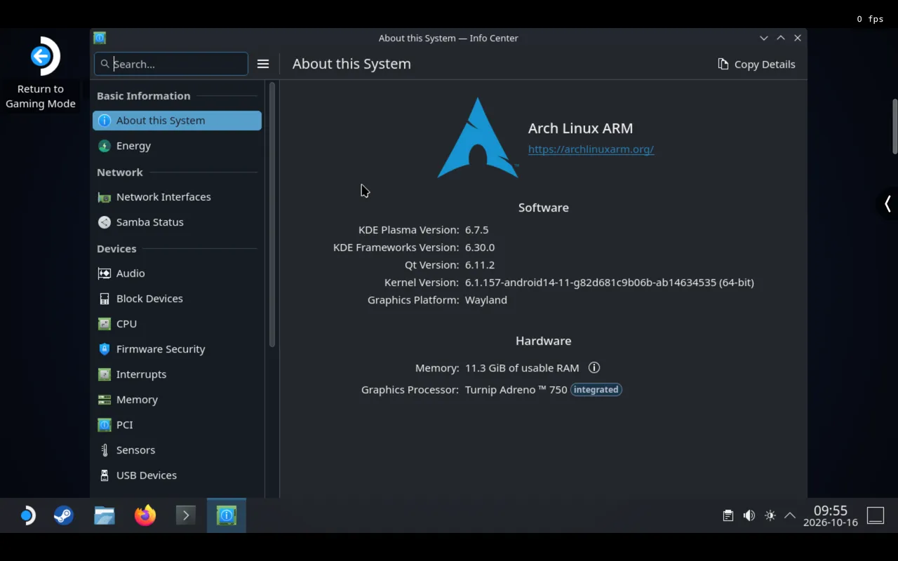 DroidDeck Arch Linux ARM KDE Plasma 정보와 Adreno 750 그래픽 프로세서 표시
