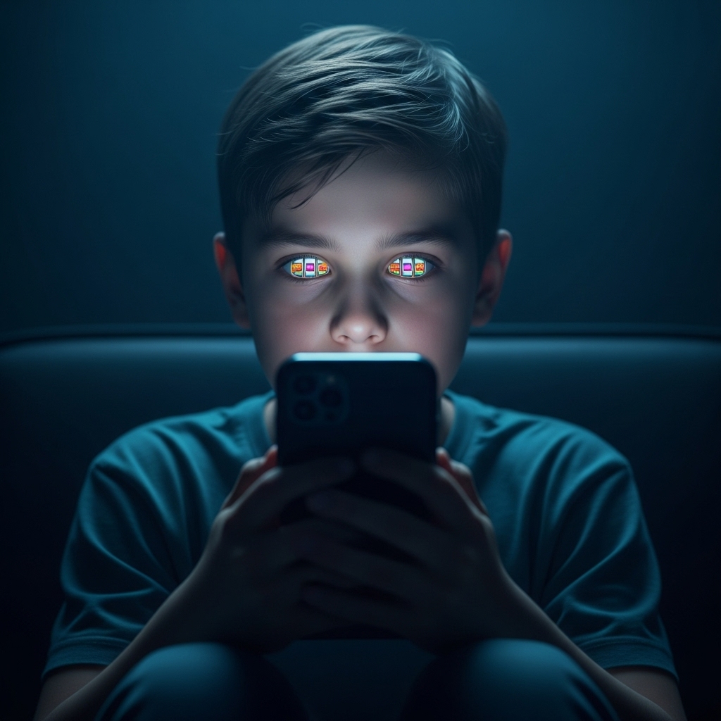 화려한 빛과 끝없는 보상 알림에 갇혀, 마치 정크푸드를 끊임없이 먹듯 스마트폰에서 눈을 떼지 못하는 아이.