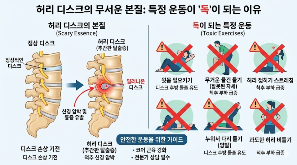 허리 디스크의 무서운 본질: 왜 특정 운동이 '독'이 될까?