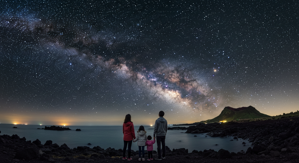 제주 밤바다에서 맑은 밤하늘의 별을 감상하는 한국인