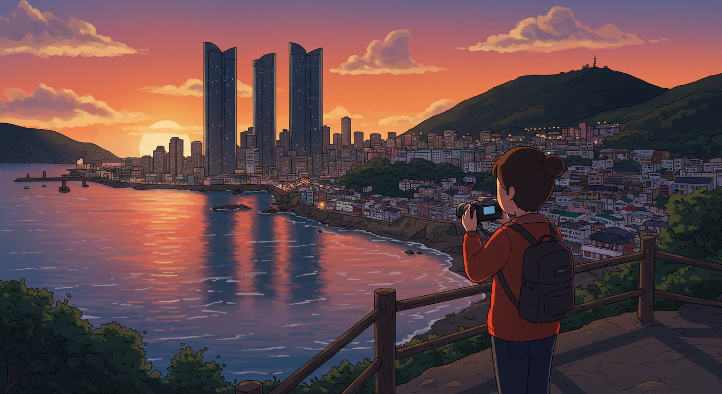 일몰 속 부산을 바라보는 여행자의 감성 장면