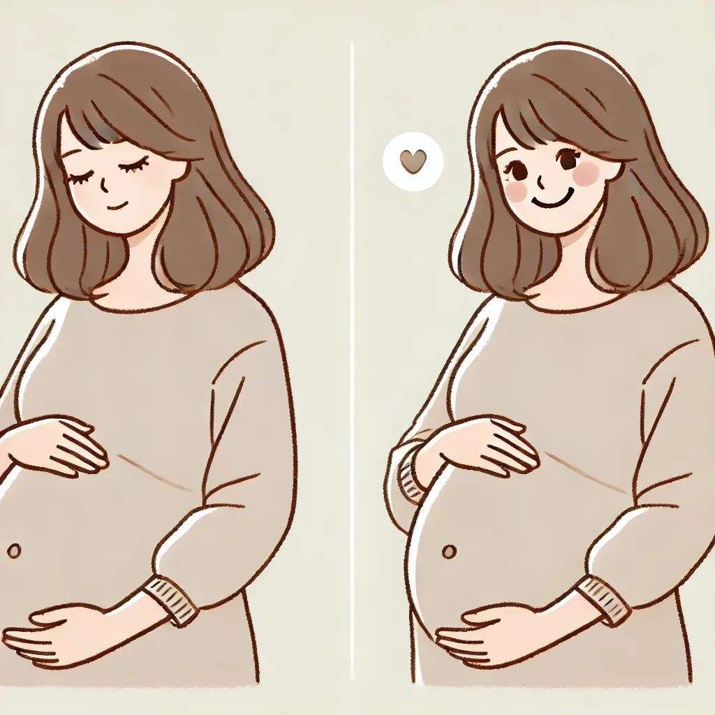 배를 쓰다듬으며 미소를 짓는 임산부