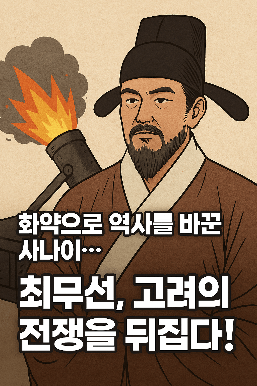 화약으로 역사를 바꾼 사나이, 최무선&quot;이라는 문구가 삽입된, 고려 시대 복식과 화포를 배경으로 한 전통 한국화 스타일의 디지털 일러스트 썸네일 이미지