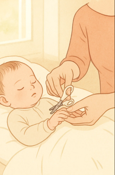 신생아의 손톱을 전용 손톱가위로 조심스럽게 손질하는 엄마의 손