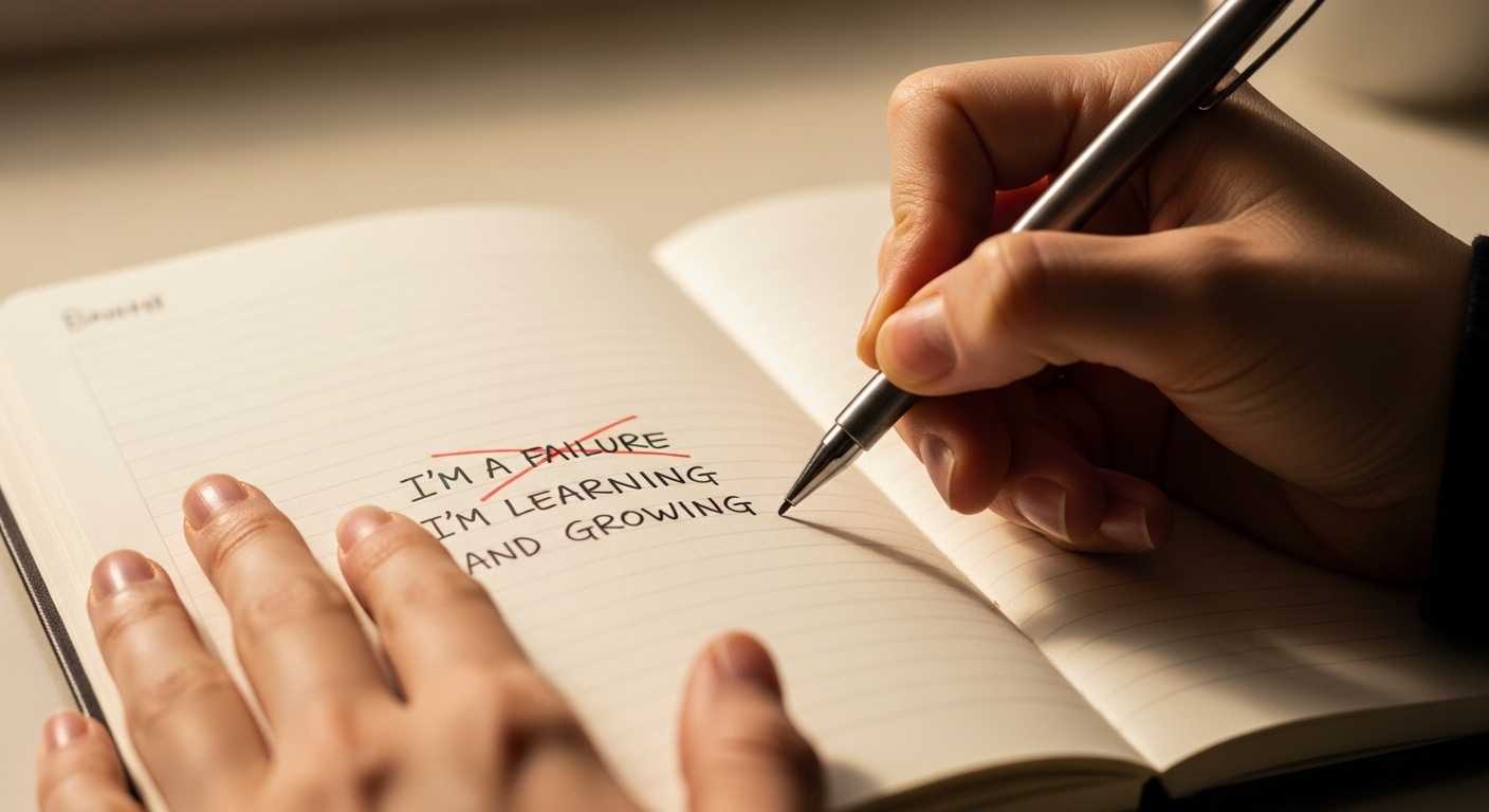 부정적인 생각을 지우고 긍정적인 다짐을 적는 손을 클로즈업하여 자기자비 실천의 중요성을 보여줌.