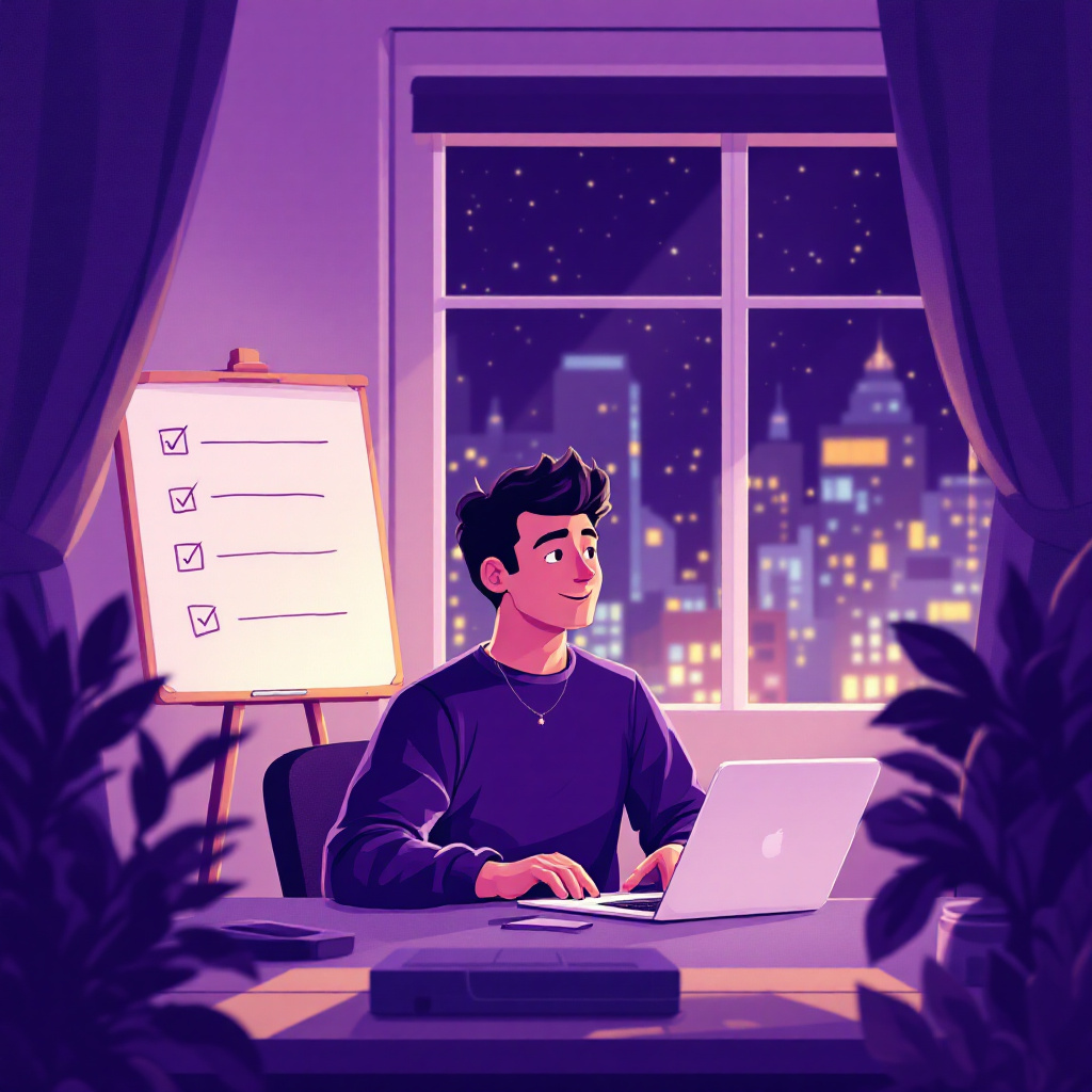 노트북 앞에 앉은 청년 창업자가 체크리스트를 바라보며 미소 짓는 감성 일러스트. 창밖으로는 밤하늘과 도시 불빛이 보이며, 스타트업의 시작을 상징하는 분위기.