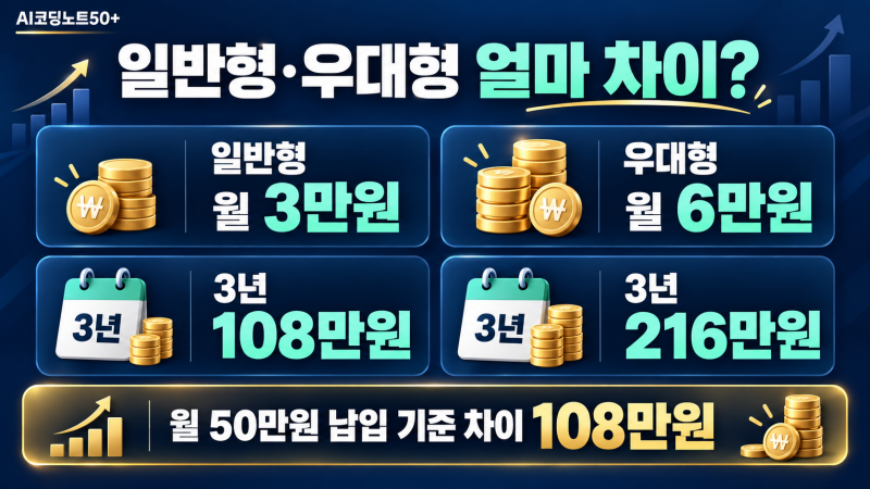 청년미래적금 월 50만원 납입 시 일반형 108만원과 우대형 216만원 정부기여금을 비교한 이미지