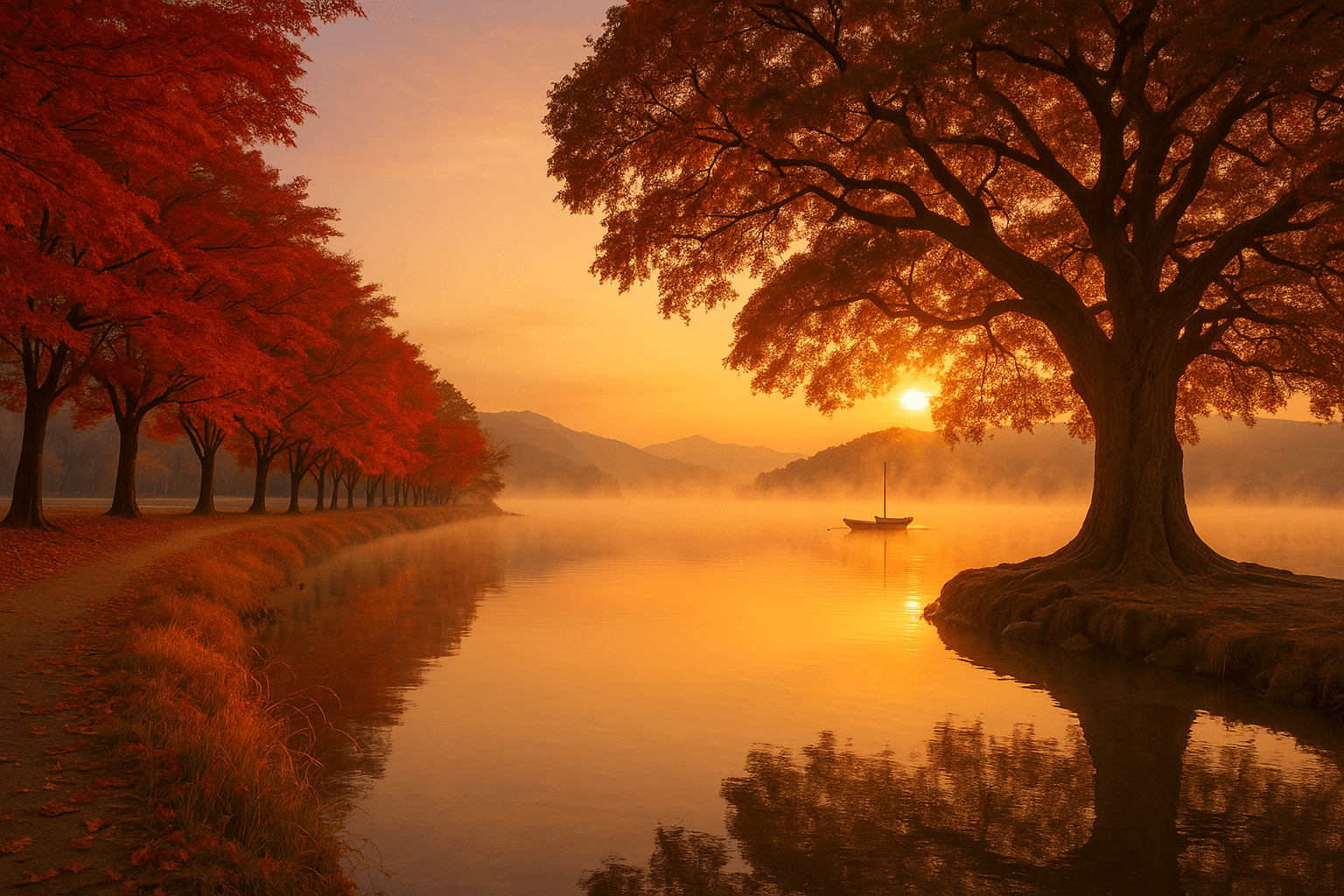 10월 가을 물안개 속의 고요한 아침, 양평 두물머리의 낭만적인 풍경