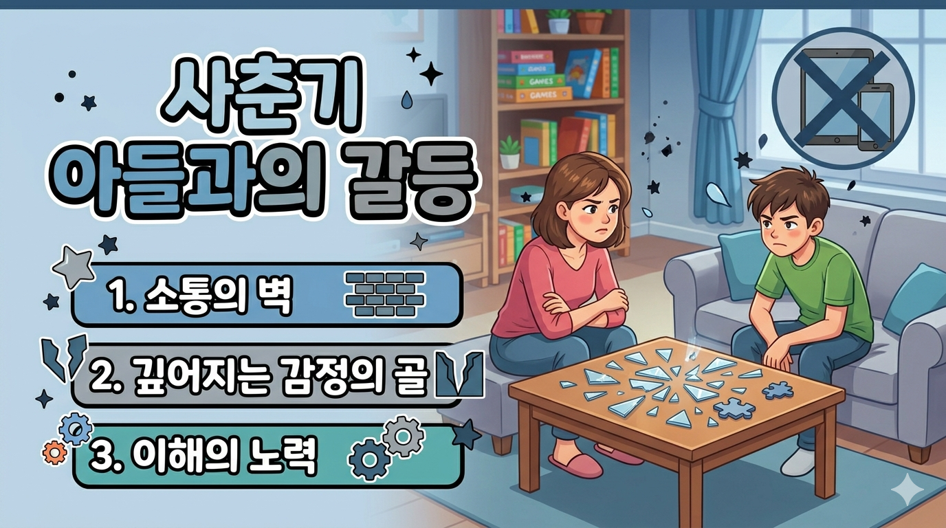 엄마와 아들이 거실에서 대화를 나누고 있는 모습