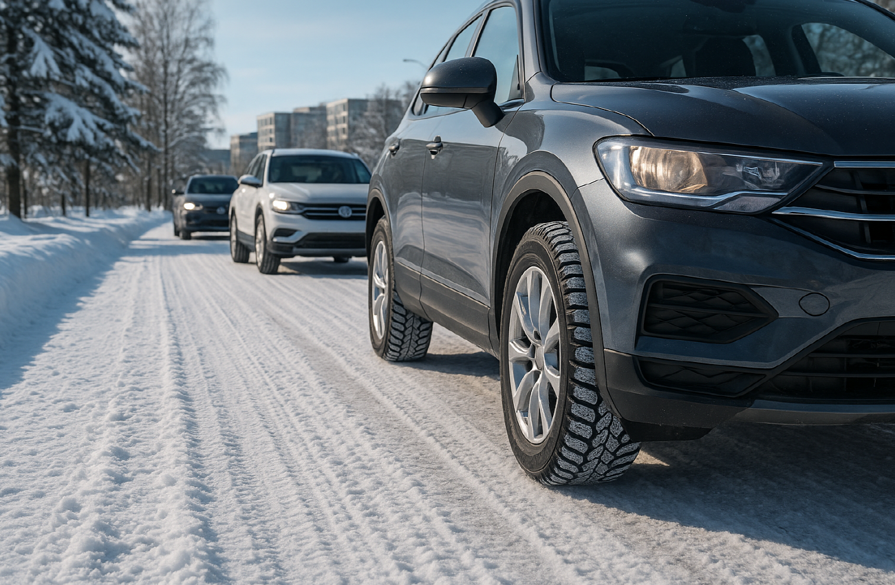 눈 내린 도로 위 윈터타이어 장착된 차량 사진