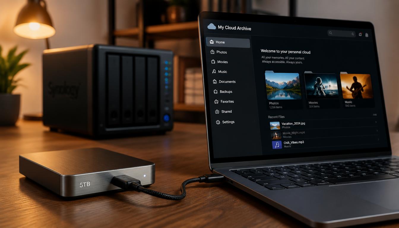 A realistic home office photograph showing a high-capacity 5TB external HDD connected to a laptop, illustrating its function as a portable, cost-effective personal cloud archive for media files.