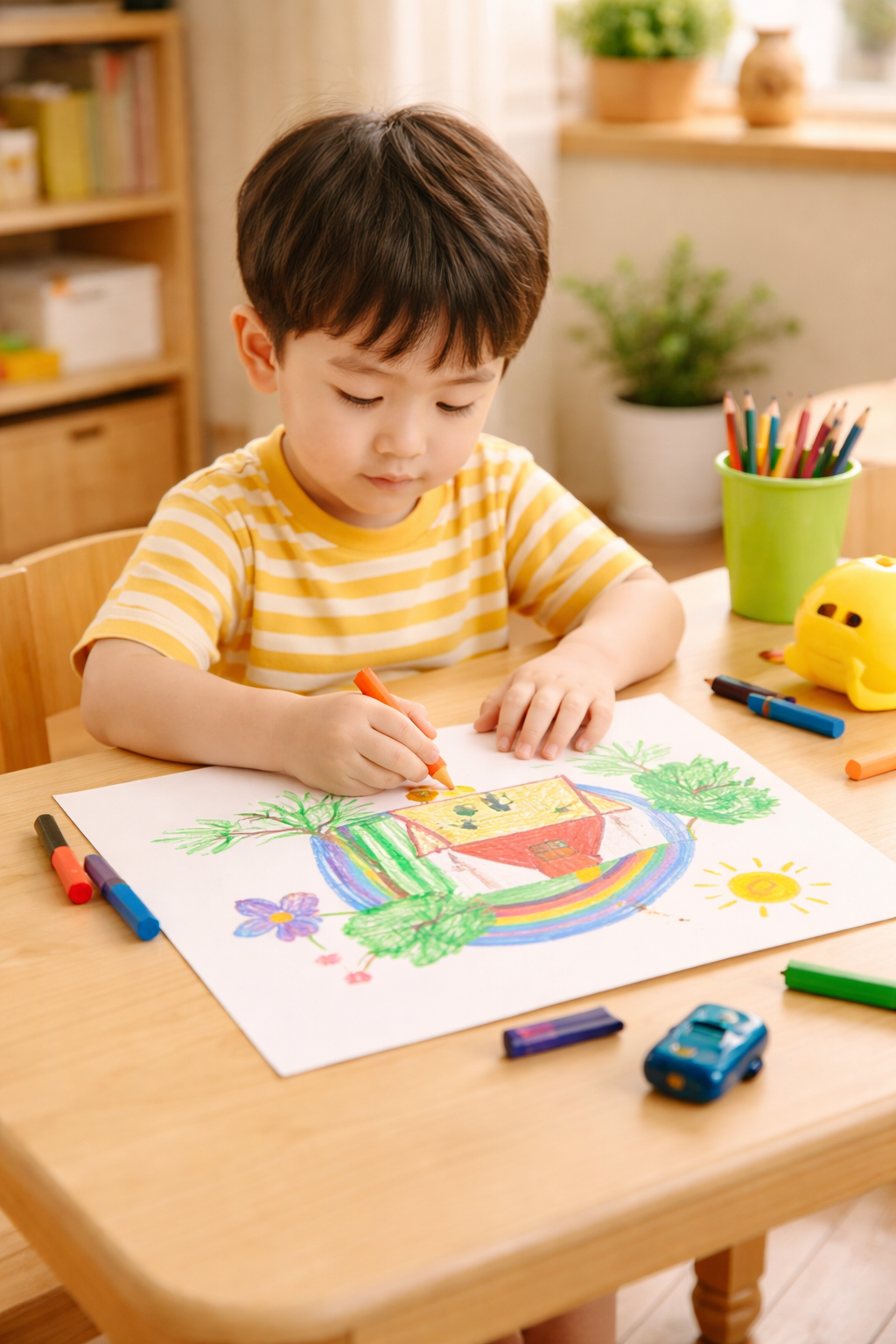 4세 어린이집 생일 선물 색연필 쓰는 모습