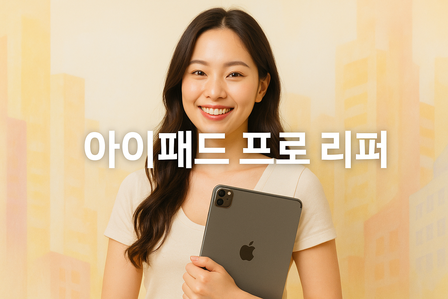 아이패드-프로-리퍼-환하게-웃는-한국인-여성-크림색-티셔츠-입고-그레이-아이패드-프로-들고-가슴-앞에-안고있음-따뜻한-톤의-추상화된-건물배경-중앙-텍스트-아이패드-프로-리퍼