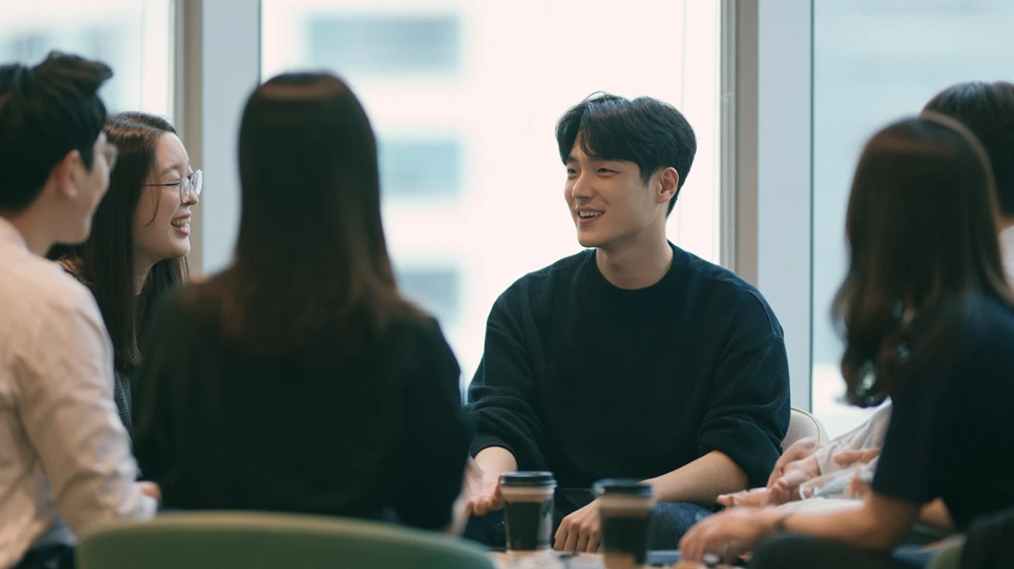 직장 동료들이 편안하게 대화를 나누는 모습