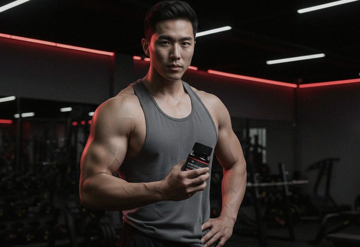 Korean Asian man in late 30s holding supplement tablet