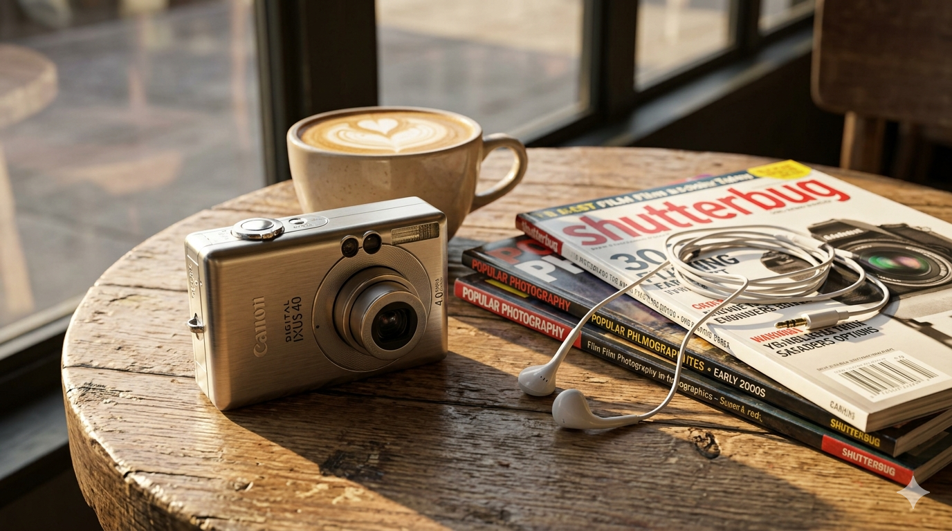 나무 테이블 위 커피 잔과 잡지 옆에 놓인 실버 메탈 바디의 캐논 익서스 40 빈티지 디지털 카메라, 자연광이 비치는 감성적인 Y2K 무드 설정샷.