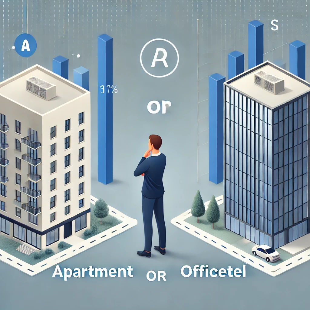 아파트 vs 오피스텔 투자 비교: 투자자가 아파트와 오피스텔 사이에서 고민하는 모습.