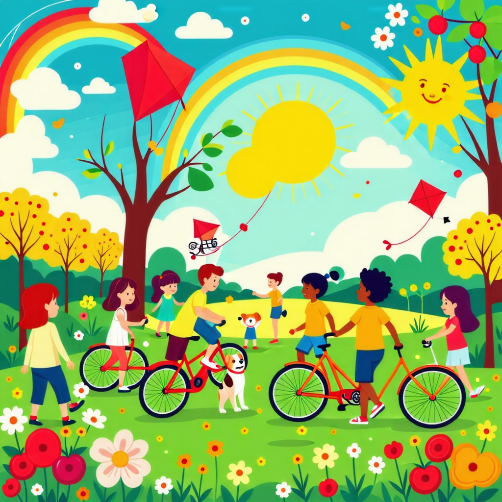 봄철 아이들이 뛰어노는 이미지