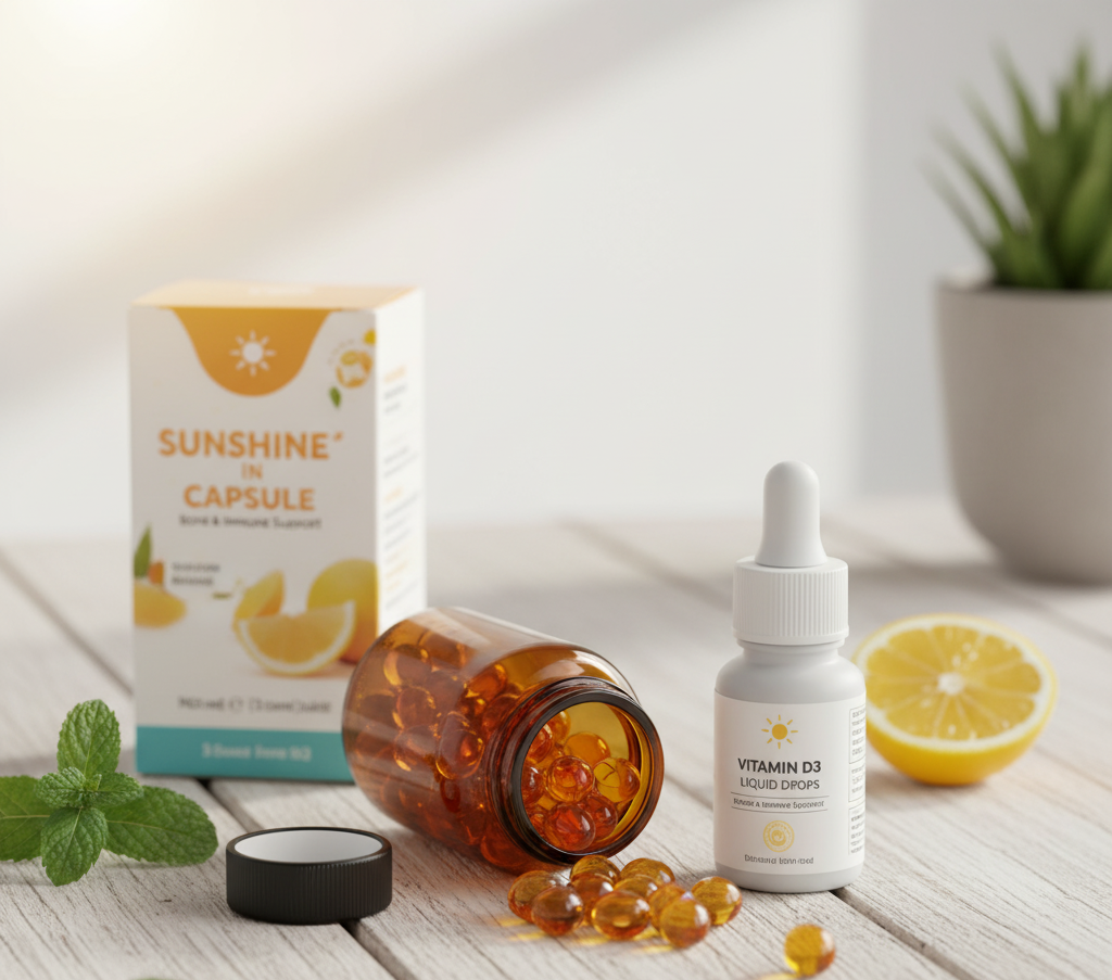 비타민 D 영양제 병과 캡슐이 흩어져 있는 모습