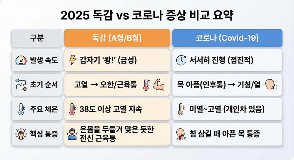 2025 독감 VS 코로나 증상 비교 요약