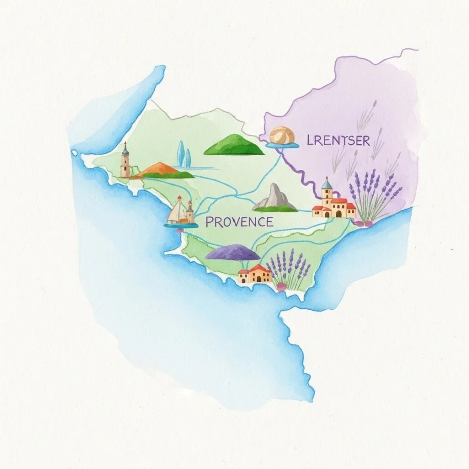 남프랑스 주요 지역과 상상 속 여행 경로를 그린 지도.