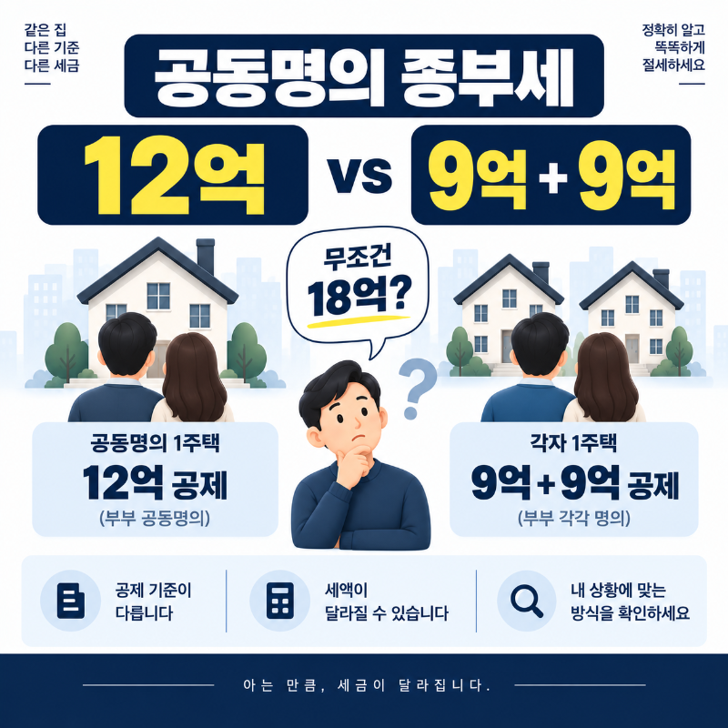 부부 공동명의 종부세 12억원과 각각 9억원 공제 구조 비교