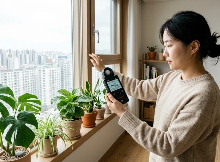 고층 아파트 북향 창가에서 조도계를 활용해 식물들의 상태를 점검하고 있는 여성