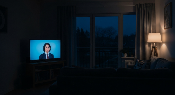 불이 켜진 거실 안에 TV 화면이 켜져 있고, 소파에는 사람이 없는 상태