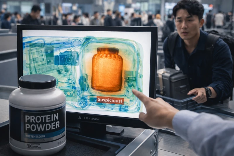 국제공항 보안검색대에서 단백질 파우더 통이 별도 검사 대상으로 분리되어 있고, X선 화면에는 주황색으로 강조된 원통형 분말 용기가 표시되며 한국인 여행객이 걱정스러운 표정으로 이를 지켜보는 모습