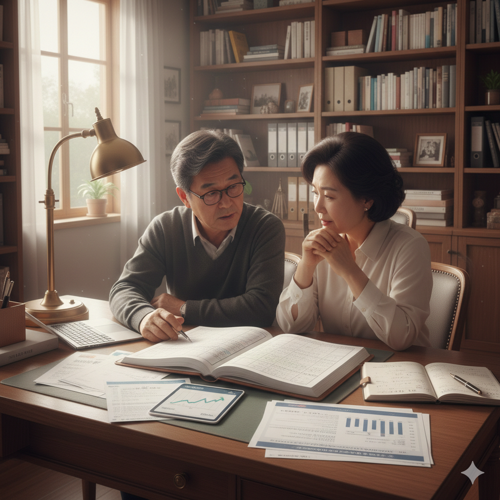 은퇴를 준비하며 서재에서 자산 관리와 비과세 혜택을 논의하는 노년 부부의 모습